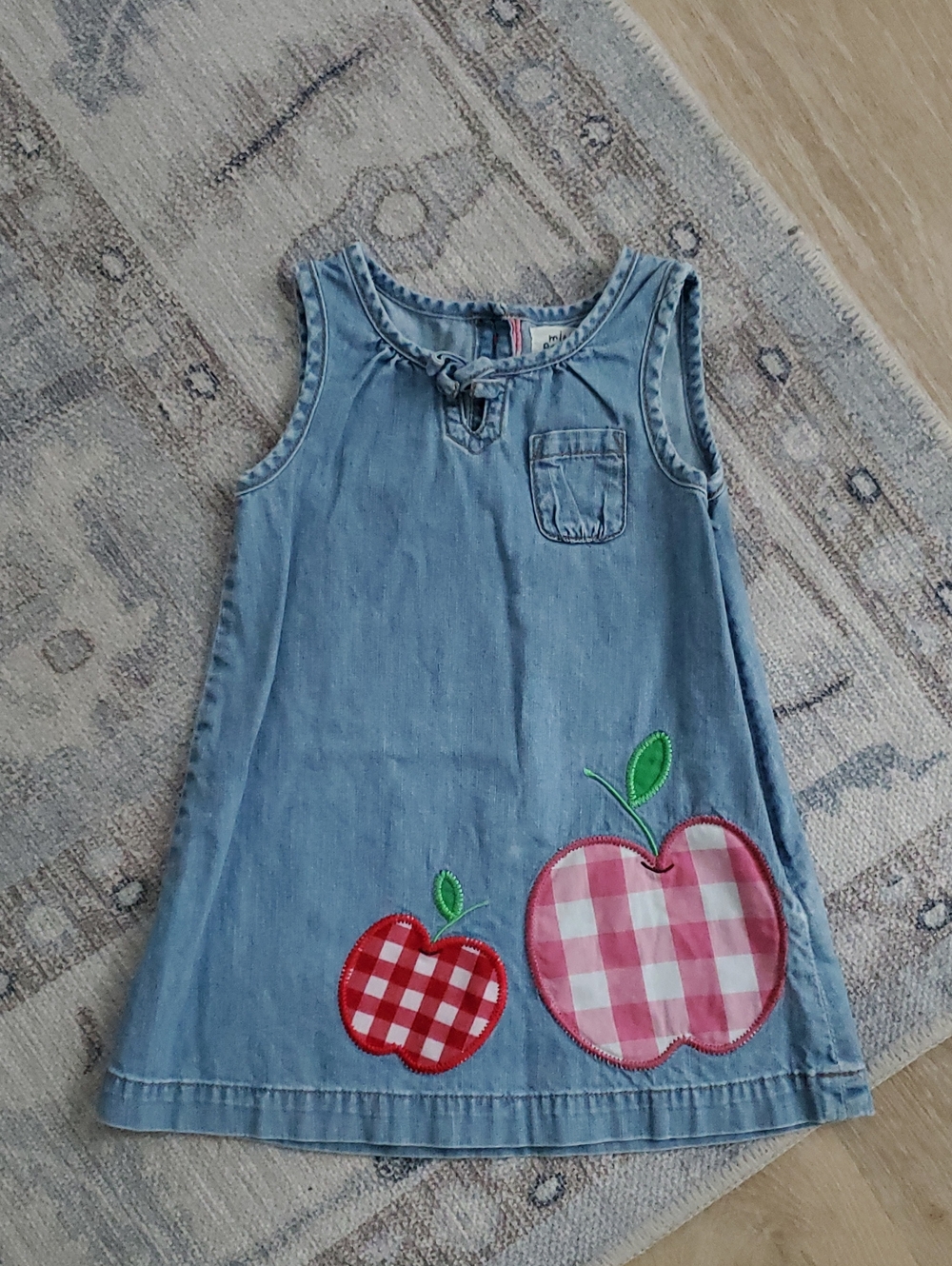 Mini Boden Girls Fall School Denim Jumper Dress Gingham Applique Sz2-3y